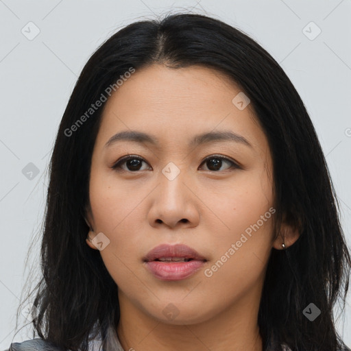 Neutral asian young-adult female with long  black hair and brown eyes