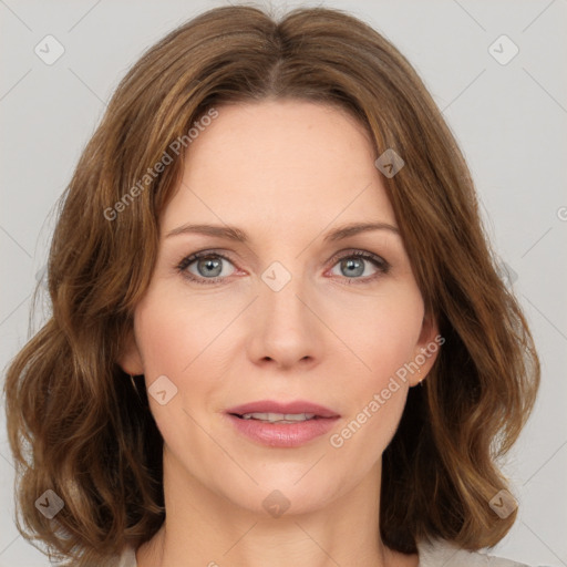 Joyful white young-adult female with medium  brown hair and green eyes