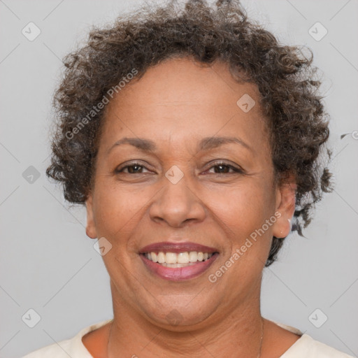 Joyful white adult female with short  brown hair and brown eyes