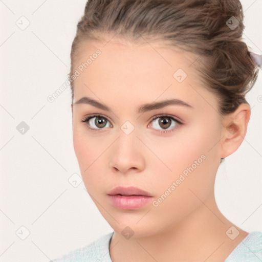 Neutral white young-adult female with short  brown hair and brown eyes