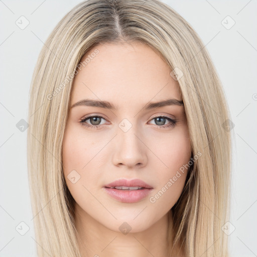 Neutral white young-adult female with long  brown hair and brown eyes