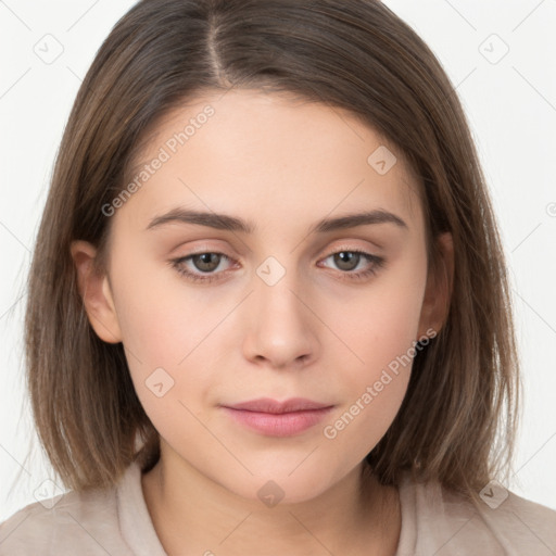 Neutral white young-adult female with medium  brown hair and brown eyes