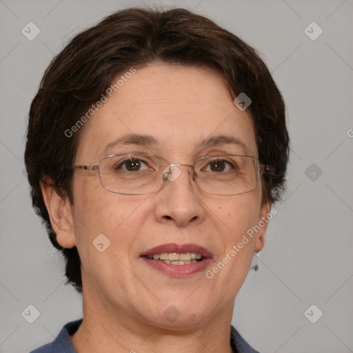 Joyful white adult female with short  brown hair and brown eyes