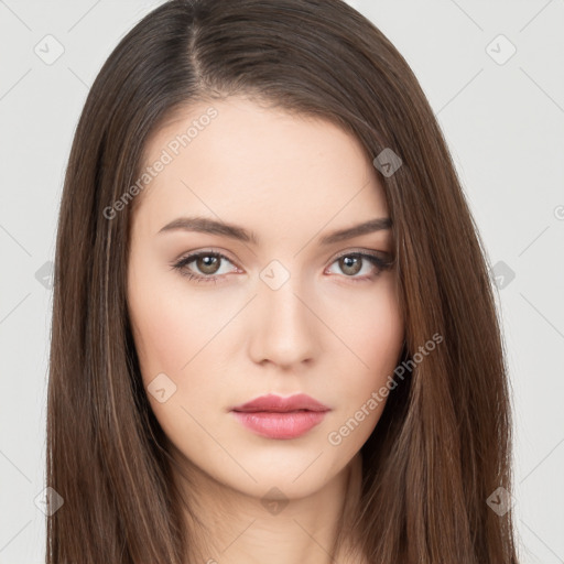 Neutral white young-adult female with long  brown hair and brown eyes