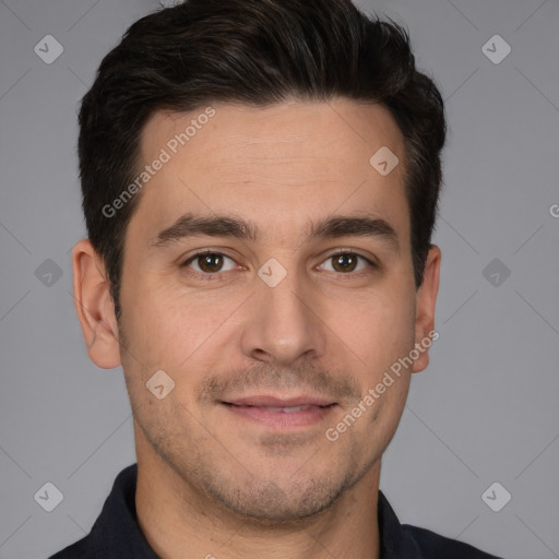 Joyful white young-adult male with short  brown hair and brown eyes