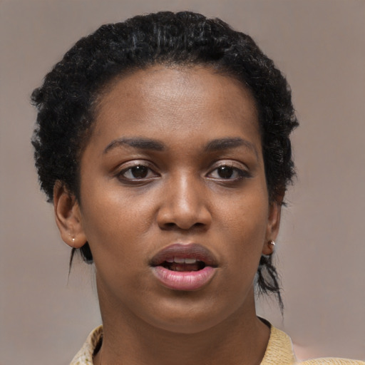 Joyful black young-adult female with medium  brown hair and brown eyes
