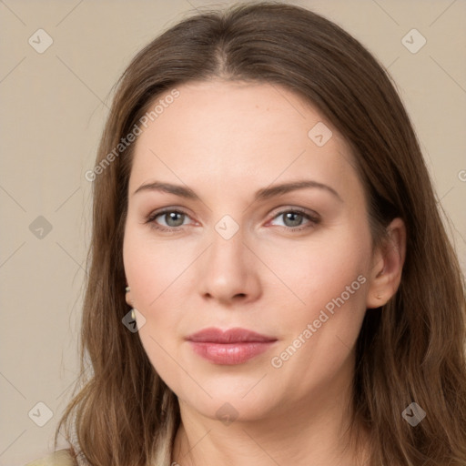 Neutral white young-adult female with long  brown hair and grey eyes