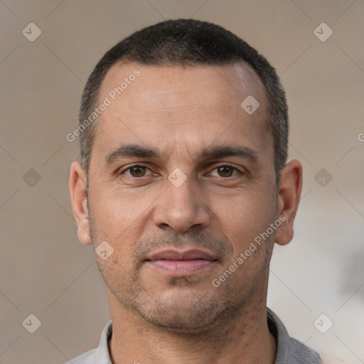 Neutral white adult male with short  brown hair and brown eyes