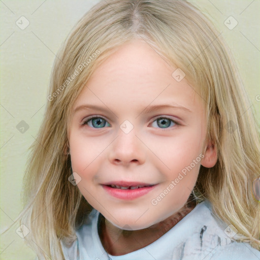 Joyful white child female with medium  brown hair and blue eyes