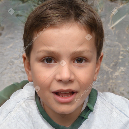 Joyful white child male with short  brown hair and brown eyes