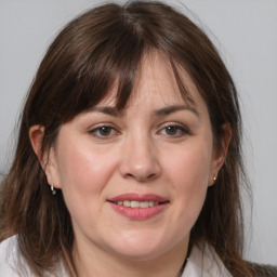 Joyful white adult female with medium  brown hair and grey eyes