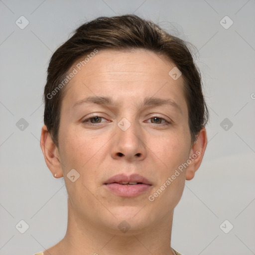 Neutral white adult female with short  brown hair and brown eyes