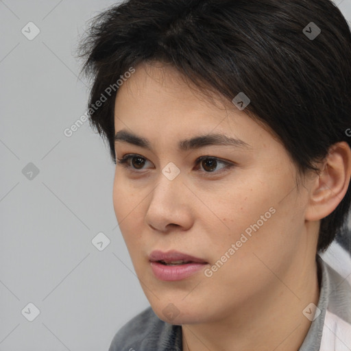 Joyful white young-adult female with medium  brown hair and brown eyes