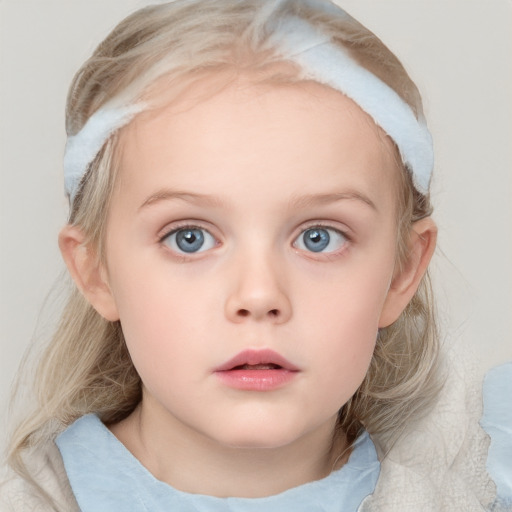 Neutral white child female with medium  brown hair and blue eyes