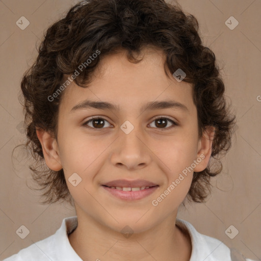 Joyful white child female with medium  brown hair and brown eyes