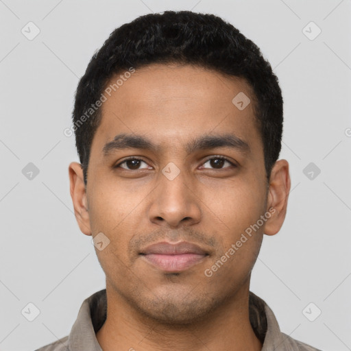 Neutral latino young-adult male with short  black hair and brown eyes