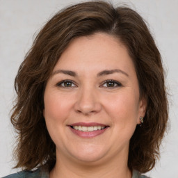 Joyful white adult female with medium  brown hair and brown eyes