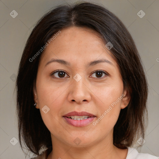 Joyful white adult female with medium  brown hair and brown eyes