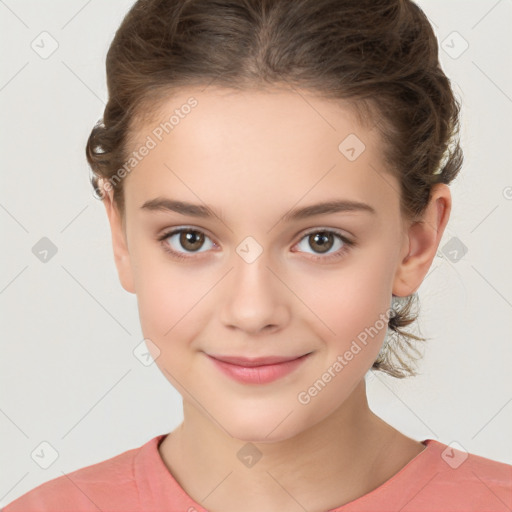 Joyful white child female with short  brown hair and brown eyes