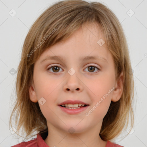 Joyful white child female with medium  brown hair and brown eyes