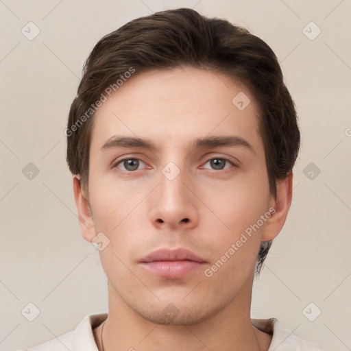 Neutral white young-adult male with short  brown hair and brown eyes