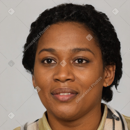Joyful latino young-adult female with short  black hair and brown eyes