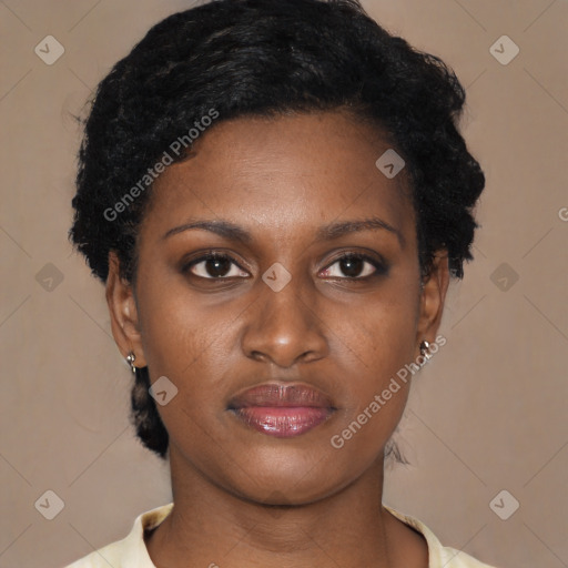Neutral black young-adult female with short  black hair and brown eyes