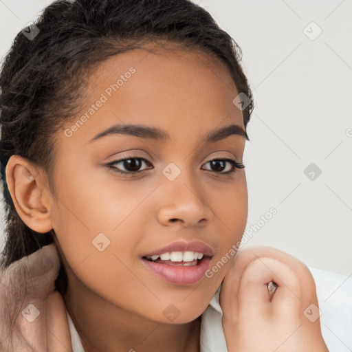 Joyful white child female with long  brown hair and brown eyes