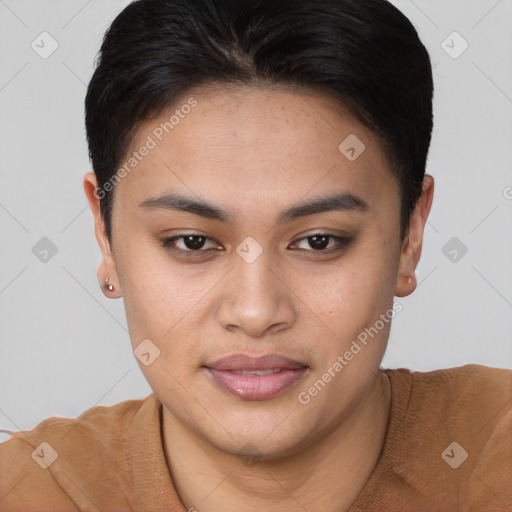 Joyful white young-adult female with short  brown hair and brown eyes