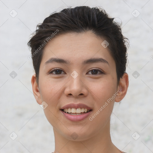 Joyful white young-adult female with short  brown hair and brown eyes