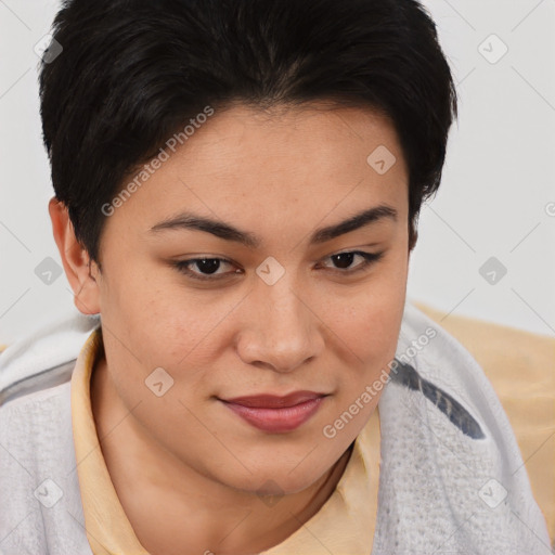 Joyful asian young-adult female with medium  brown hair and brown eyes