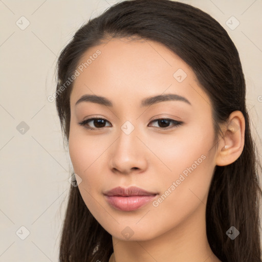 Neutral latino young-adult female with long  brown hair and brown eyes