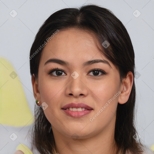 Joyful asian young-adult female with medium  brown hair and brown eyes