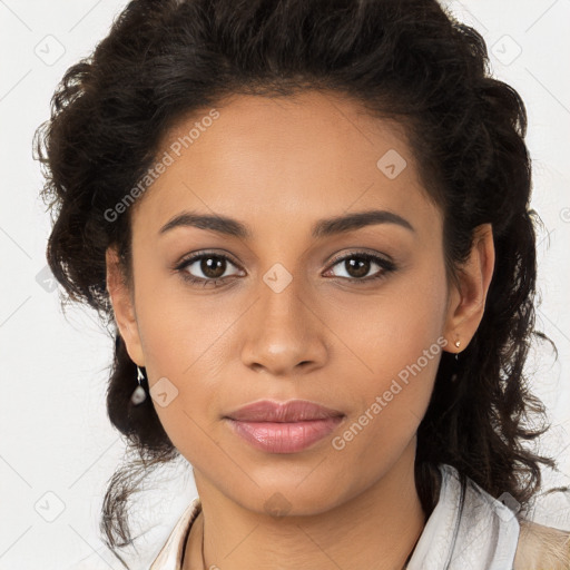 Joyful latino young-adult female with long  brown hair and brown eyes