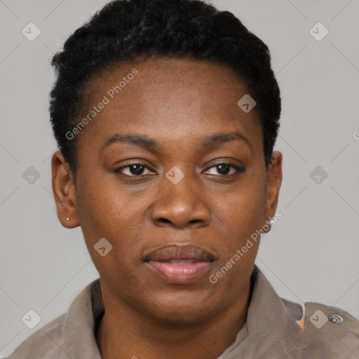 Neutral black young-adult female with short  black hair and brown eyes