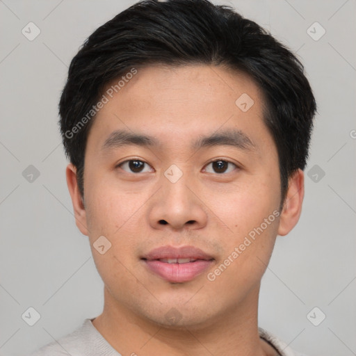 Neutral asian young-adult male with short  black hair and brown eyes