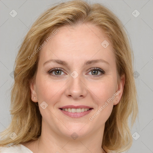 Joyful white young-adult female with medium  brown hair and blue eyes