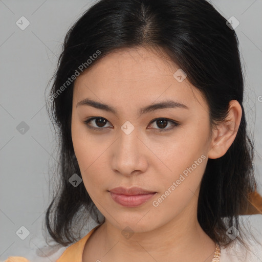 Neutral asian young-adult female with medium  brown hair and brown eyes