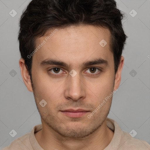 Neutral white young-adult male with short  brown hair and brown eyes