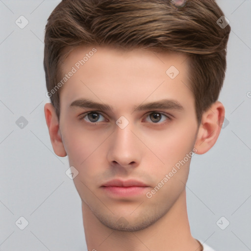 Neutral white young-adult male with short  brown hair and brown eyes