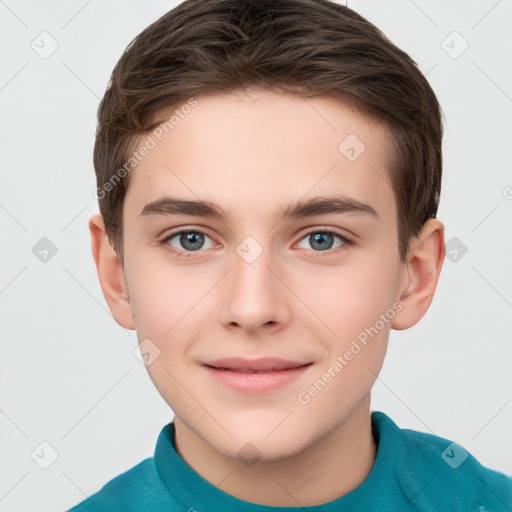 Joyful white child male with short  brown hair and brown eyes