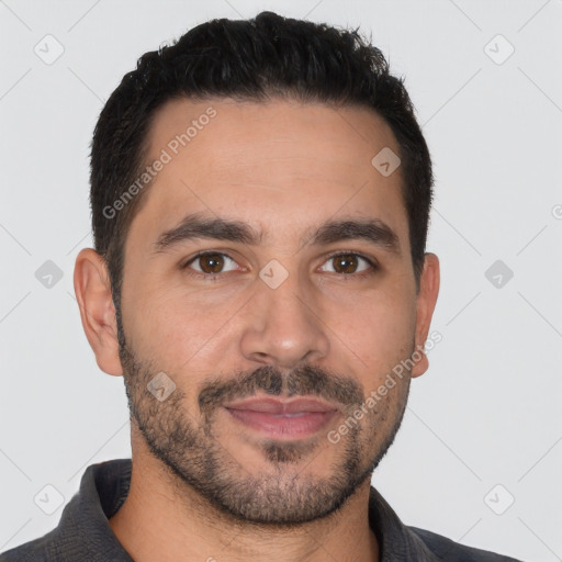 Joyful white young-adult male with short  brown hair and brown eyes