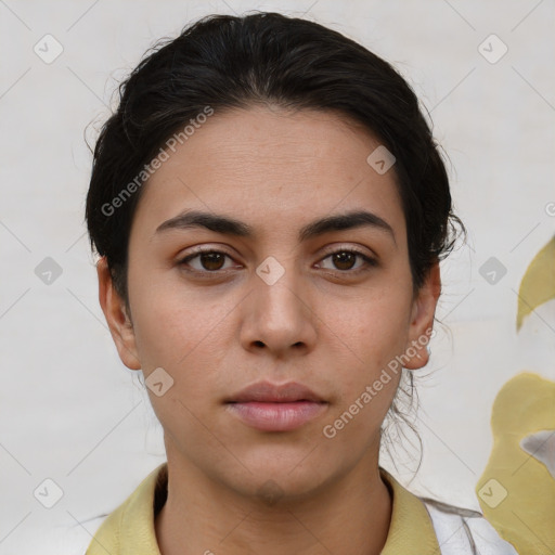 Neutral white young-adult female with short  brown hair and brown eyes