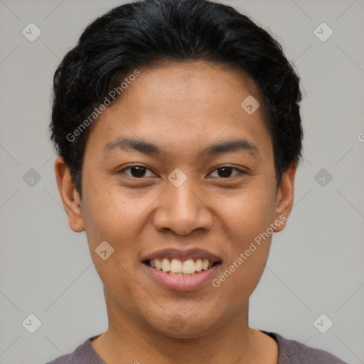 Joyful asian young-adult female with short  brown hair and brown eyes