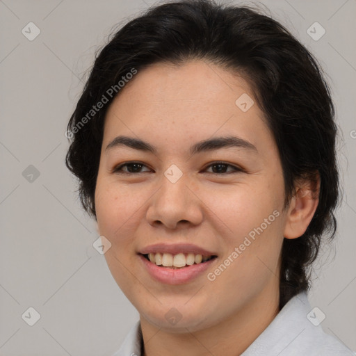 Joyful asian young-adult female with medium  brown hair and brown eyes