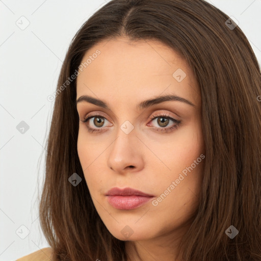 Neutral white young-adult female with long  brown hair and brown eyes