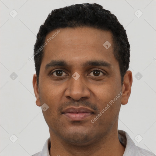 Neutral black young-adult male with short  black hair and brown eyes