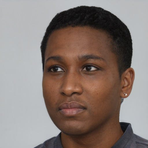 Neutral black young-adult female with short  black hair and brown eyes