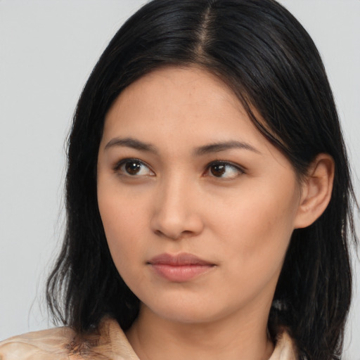 Neutral latino young-adult female with medium  brown hair and brown eyes