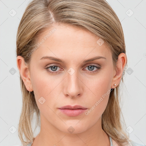 Neutral white young-adult female with medium  brown hair and blue eyes